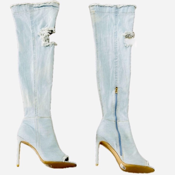 👢💙 SECRET Blue Stretch Denim Thigh-High Boots | Size 8 Peep Toe Stiletto Heel - Picture 3 of 6